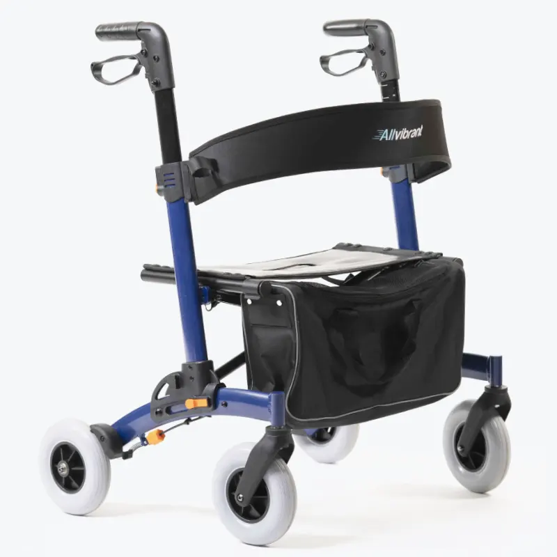 Blue Allvibrant rollator with storage bag, three-quarter view